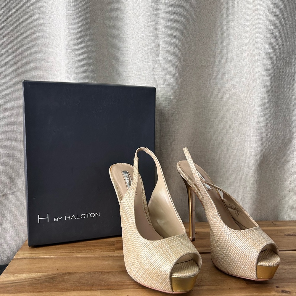 H by Halston Beige Peep Toe Slingback Heels